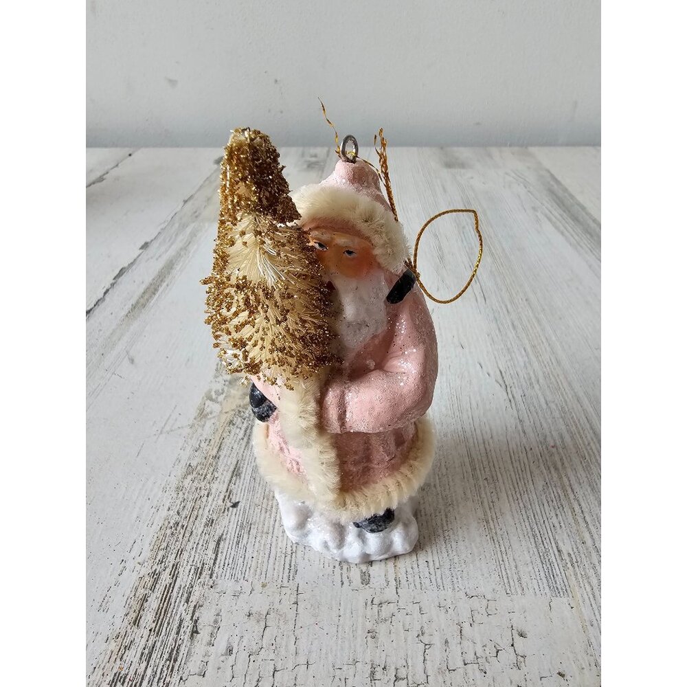 Victorian Santa pink‎ feather gold tree ornament litter Xmas decor